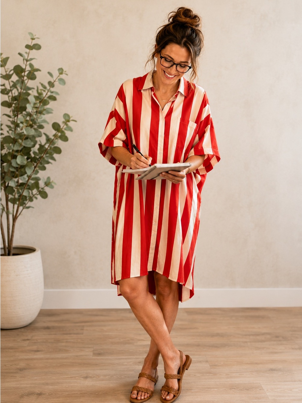 Oversized Red and White Stripe Button-Down Shirt Dress
